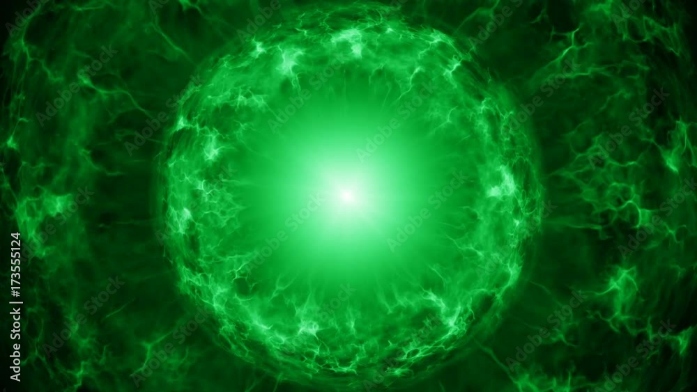 Green plasma sphere with energy charges. Computer generated sci-fi motion background. Seamless loop animation 4k (4096x2304)
