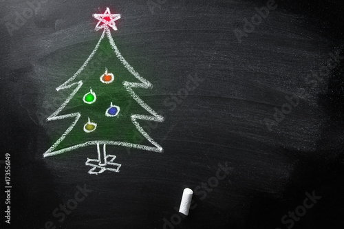 Hand Drawn Doodle Christmas Tree Chalk Blackboard Kids Style Colored New Year Greeting Card Poster Banner Template Copy Space Grungy Festive Creative
