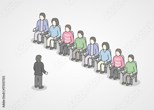 People sitting in chairs on audience. Speaker doing presentation and professional training about marketing, sales or e-commerce. Presentation or motivation conference.