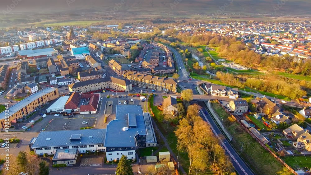 Aerial shot of the town of Kirkintilloch in Central Scotland.