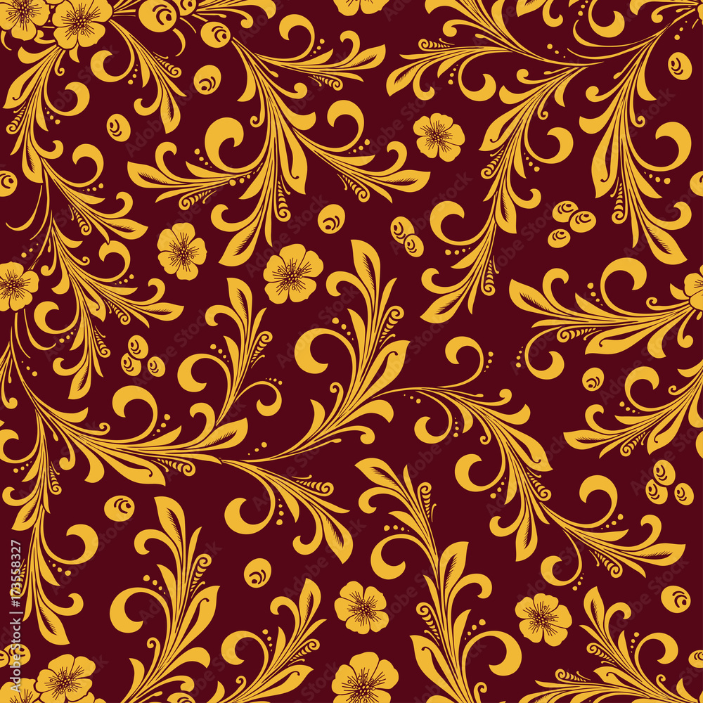 Hohloma in red and gold colors seamless pattern . Russian traditional decoration design. Hohloma in red and gold colors seamless pattern . Russian traditional decoration design.