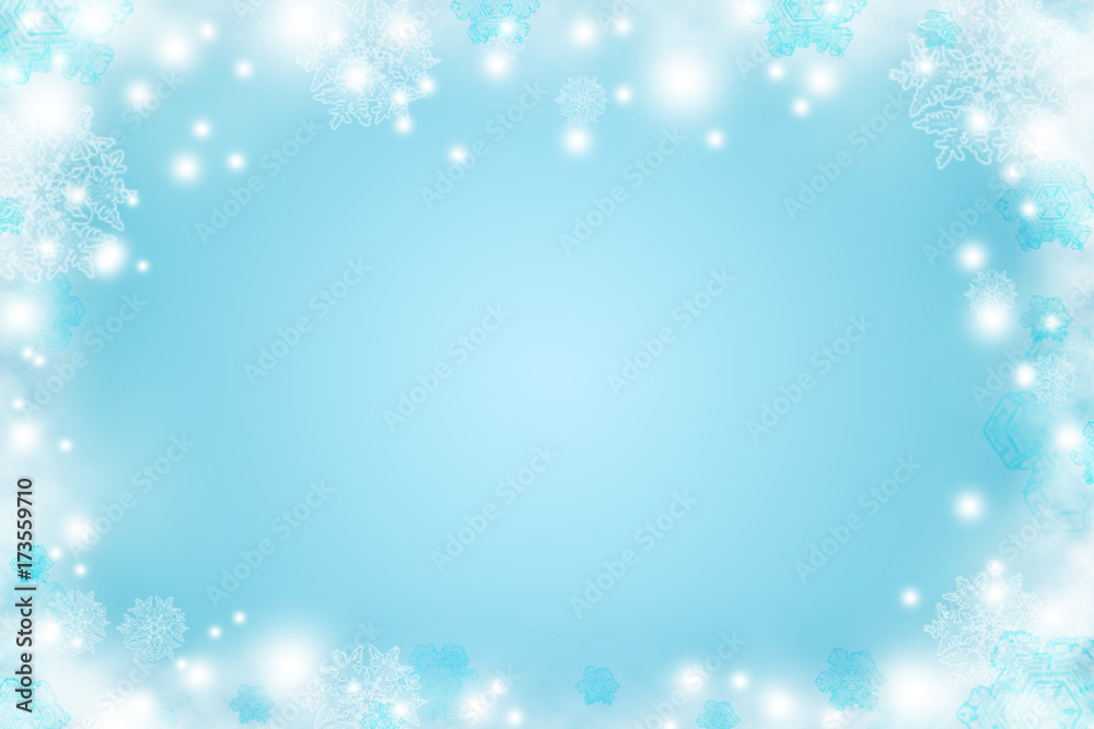 Blue background with snow. Christmas. New Year. Festive winter background.