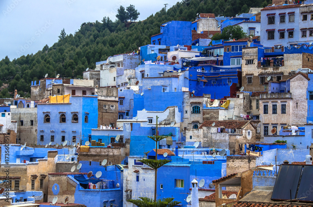 Panorama of Chefchaouen blue medina in Rif mountains, Morocco, North Africa