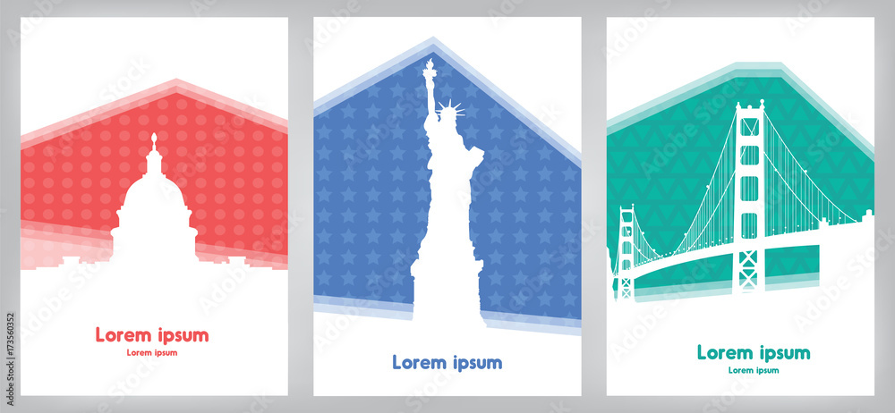 Naklejka premium Set of cards with landmarks USA on colorful background. American traditional, banners, poster with space for text.