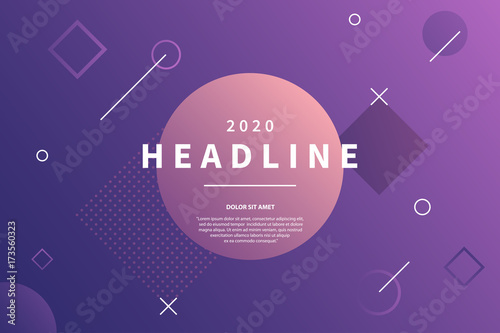 Abstract memphis style purple background with dynamic geometric shapes. Trendy banner with copy space frame. Applicable for presentation, party invitation, brochure. Vector eps 10.