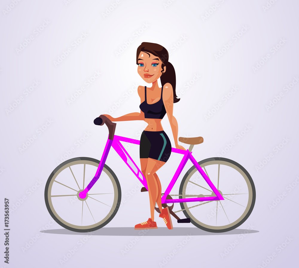 Happy smiling cyclist woman character. Vector flat cartoon illustration Happy smiling cyclist woman character. Vector flat cartoon illustration