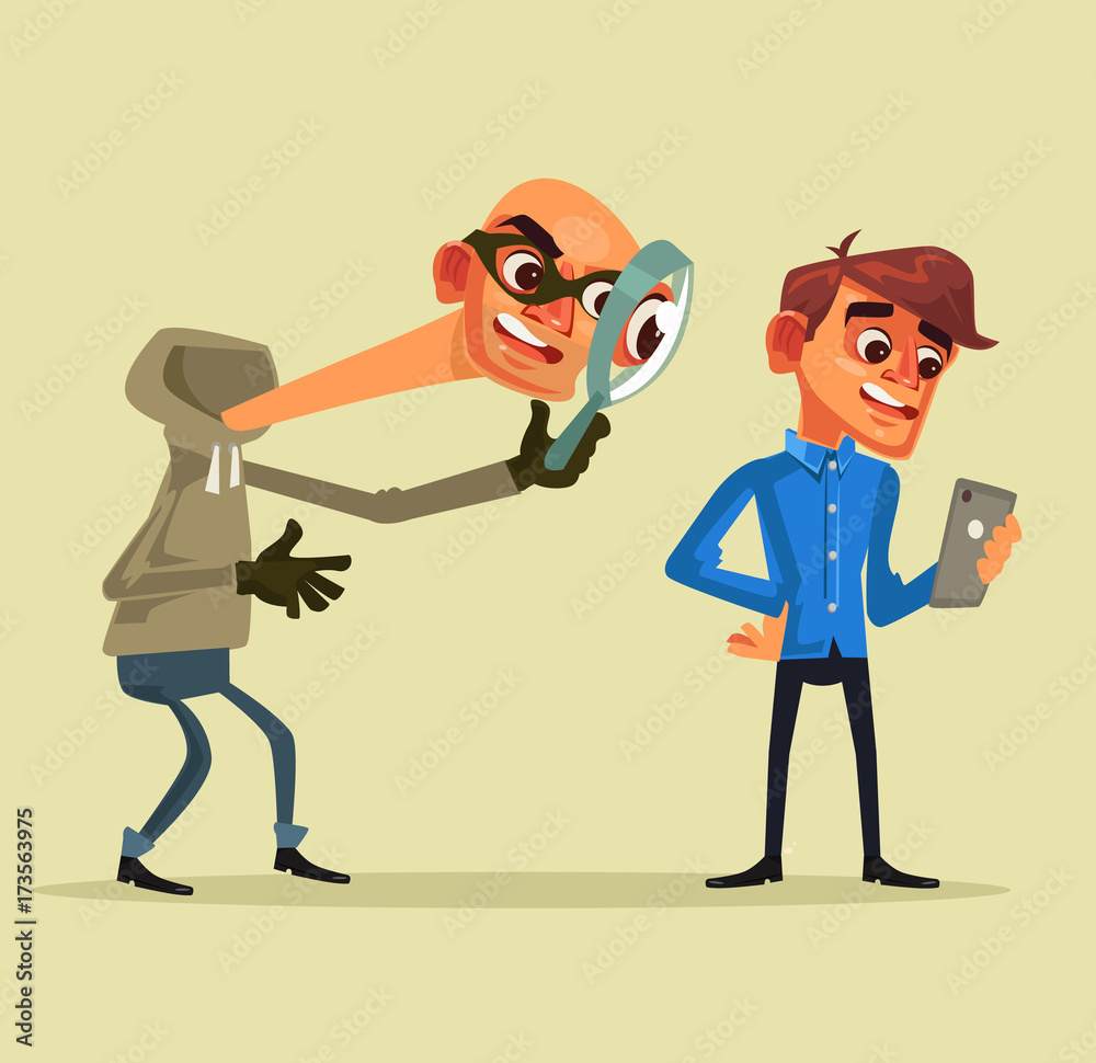 Thief character steals personal data. Fishing concept. Vector flat cartoon illustration