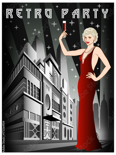 Flapper girl with a glass of wine on the background of night city. Retro Party invitation card. Handmade drawing vector illustration. Art Deco style