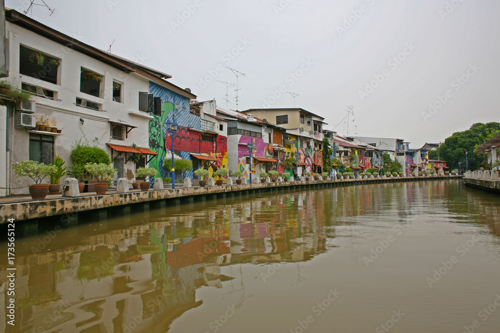 Bright buildings by the river in Malacca, the UNESCO World Heritage Site in Malaysia, a major tourist attraction