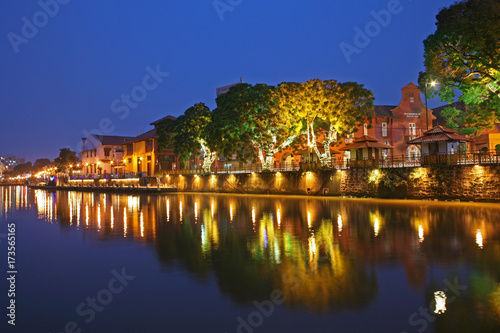 Elegant beautiful riverside views at dusk in Malacca, the UNESCO World Heritage Site, Malaysia