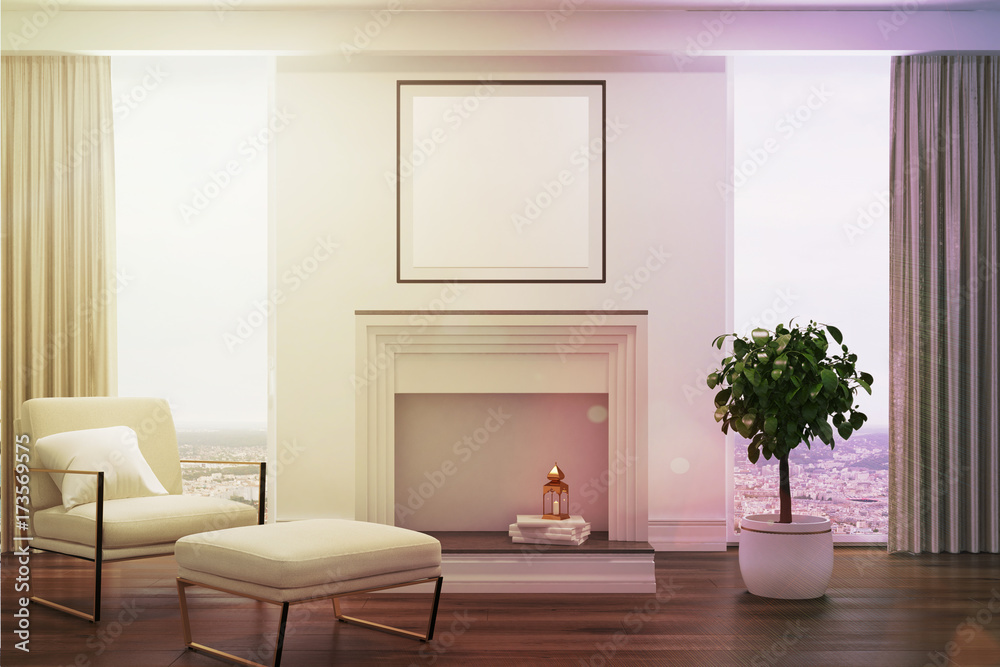 Fototapeta premium White living room, white armchair, fireplace toned