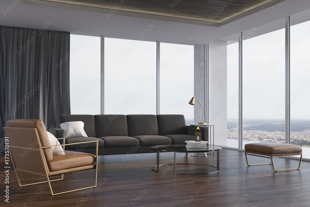 Loft living room, gray sofa and armchair, side Loft living room, gray sofa and armchair, side