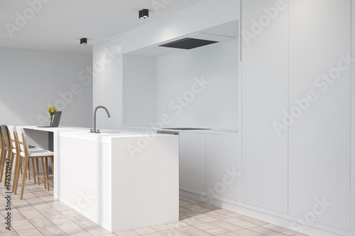 White kitchen with a bar, side view