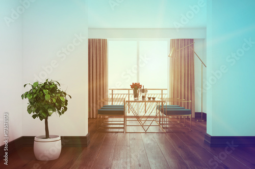 White dining room interior  blue chairs toned