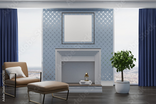 Gray living room  beige armchair  fireplace