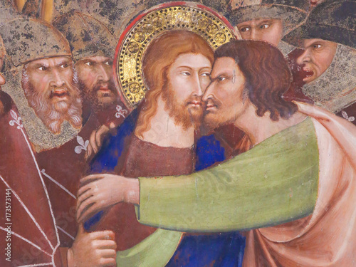 Tableau sur toile Fresco in San Gimignano - Kiss of Judas
