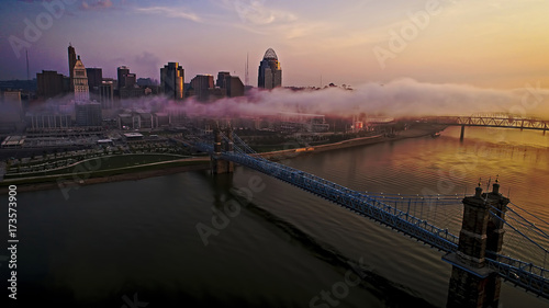 Early morning low clouds hovering over a bridge in Cincinnati, Ohio