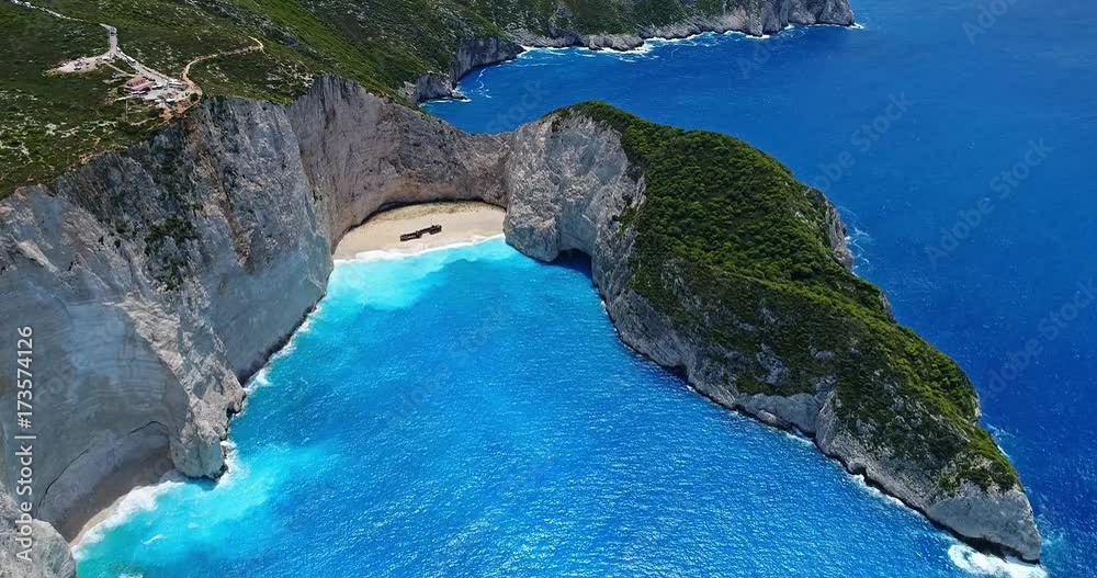 Aerial view of Navagio (Shipwreck) Beach in Zakynthos island, Greece.
