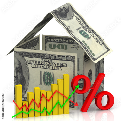 Changes in real estate prices. A house made of American dollar bills standing on white surface with red symbol of percentage and the diagram. Isolated. 3D Illustration
