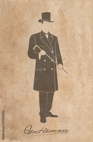 Elegant gentleman with a cane, on an old sheet of paper.