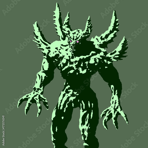 Green demon with spikes stands ready to attack. Vector illustration.