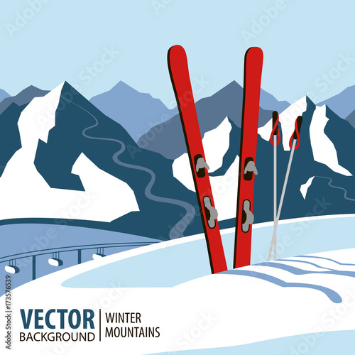 Ski background, mountains in winter season. Vector illustration.