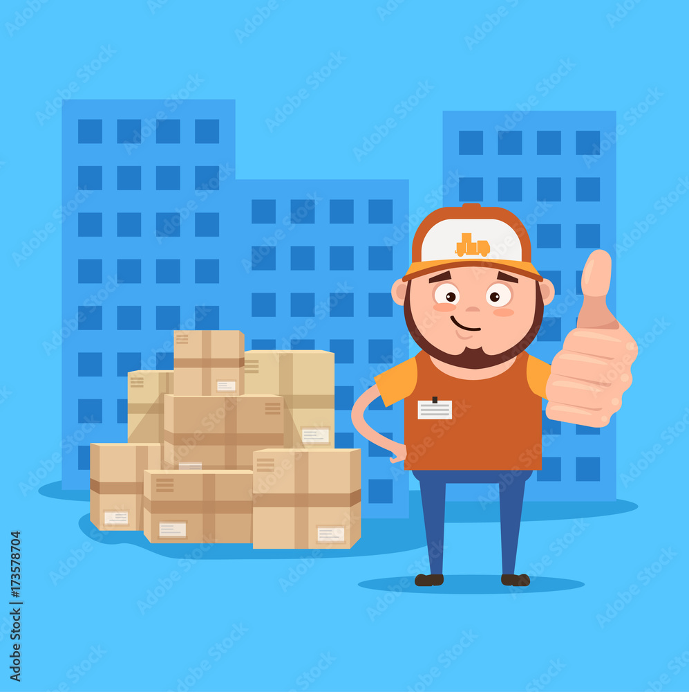 Happy smiling delivery man courier show ok sigh with hand. Supply in time concept. Vector flat cartoon illustration Happy smiling delivery man courier show ok sigh with hand. Supply in time concept. Vector flat cartoon illustration