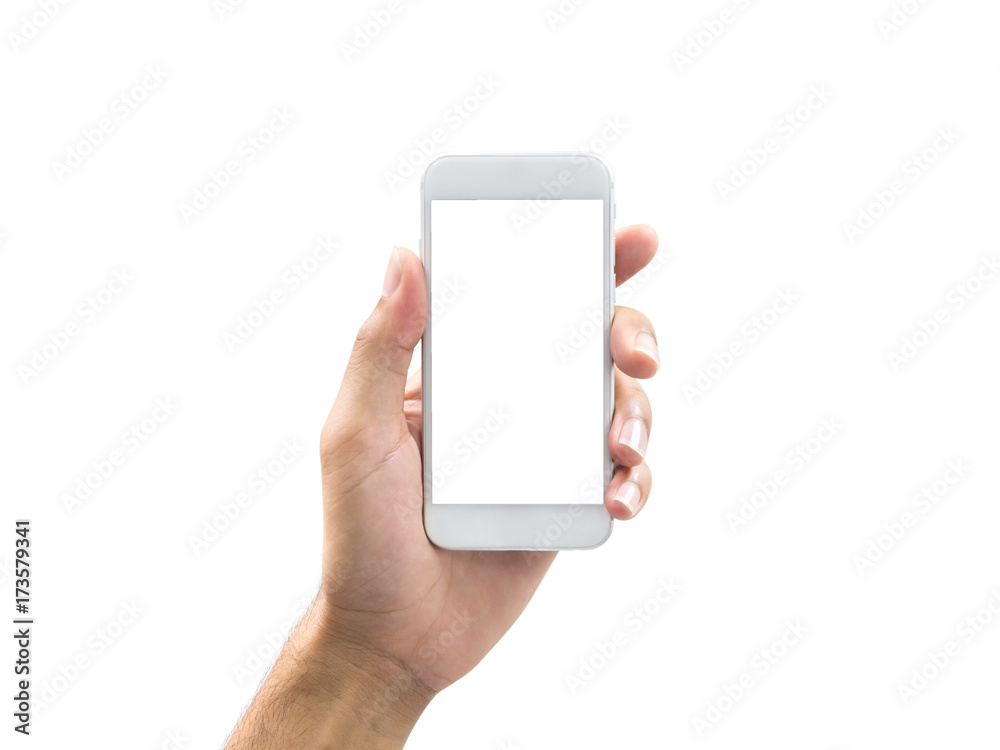 Isolate man hand holding white smart phone(mobile or cell phone with touch screen) with empty blank white screen on white background