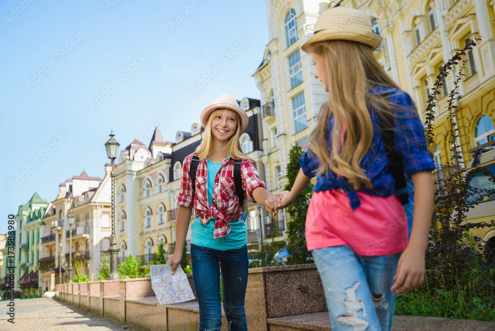 group of children travel in Europe. Tourism and Vacation concept