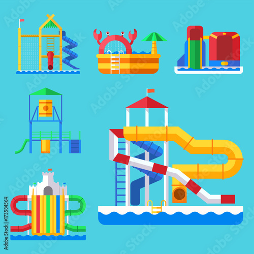 Water aquapark playground with slides and splash pads for family fun vector illustration.