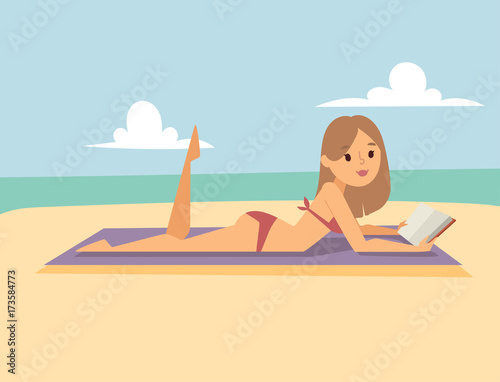 Woman on beach outdoors, summer lifestyle sunlight fun vacation happy time cartoon character vector illustration. © Vectorvstocker
