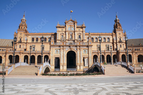 Main entrance the Spain Square (Plaza de Espana) in Seville (Sevilla), Spain with bridges over the canal. Example of Moorish and Renaissance revival.