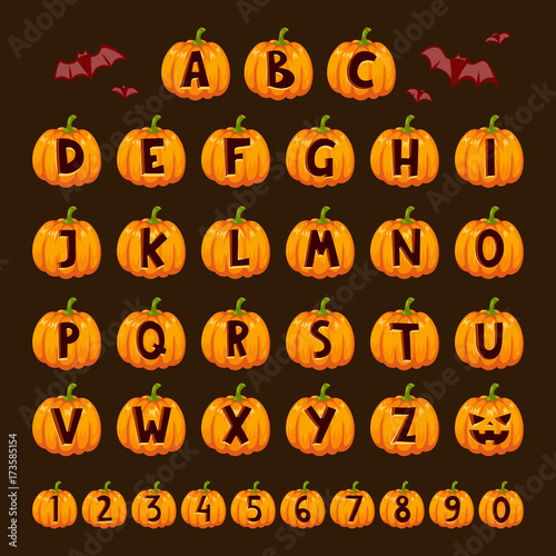 Halloween pumpkin font alphabet text symbols vector illustration.