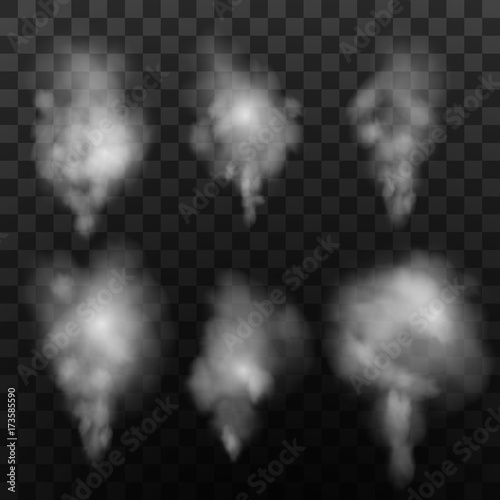 Realistic set smoke, steam on transparent background. Vector illustration 