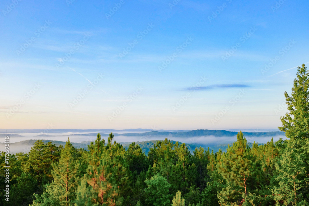 The view of the hills and valleys in the distance as seen from a scenic overlook in Talladega National  Forest in Alabama, USA