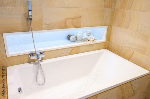 Bathroom interior in beautiful luxury white bathtub decoration