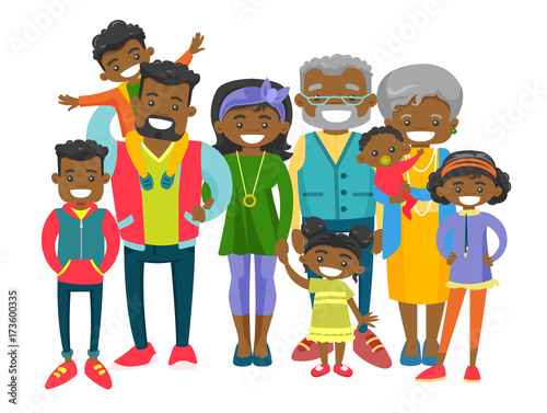 Happy extended african smiling family with old grandparents, young parents and many children. Portrait of big family together with cheerful smile. Vector illustration isolated on white background.