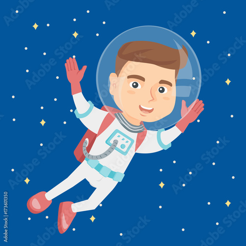 Caucasian astronaut kid wearing space suit and flying in space. Boy in the helmet of astronaut taking part in space expedition. Boy playing in the astronaut. Vector cartoon illustration. Square layout