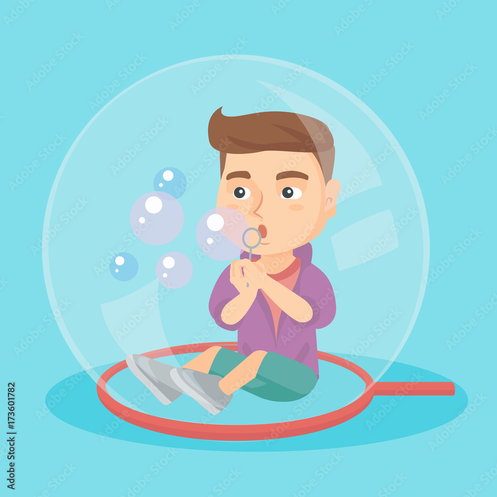 Little caucasian boy sitting on the floor inside a big soap bubble and blowing bubbles. Boy playing with soap bubbles while sitting inside soap bubble. Vector cartoon illustration. Square layout. Stock Vector | Little caucasian boy sitting on the floor inside a big soap bubble and blowing bubbles. Boy playing with soap bubbles while sitting inside soap bubble. Vector cartoon illustration. Square layout. Stock Vector |