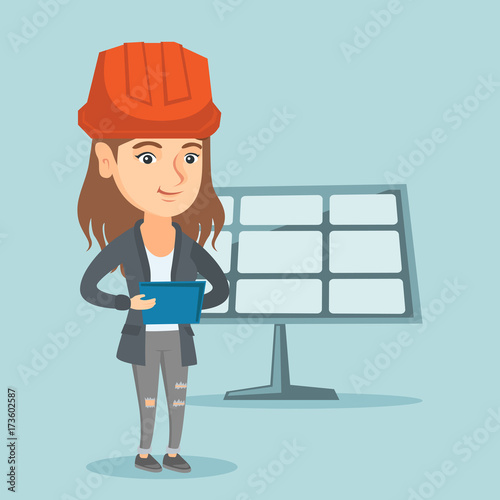 Engineer working on a digital tablet at solar power plant. Worker of solar power plant using tablet computer. Worker in hard hat checking solar panel setup. Vector cartoon illustration. Square layout.