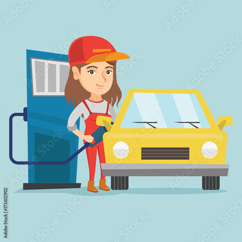 Young caucasian friendly worker of gas station refueling a car. Woman in workwear pumping gasoline fuel in car at gas station. Vector cartoon illustration. Square layout.