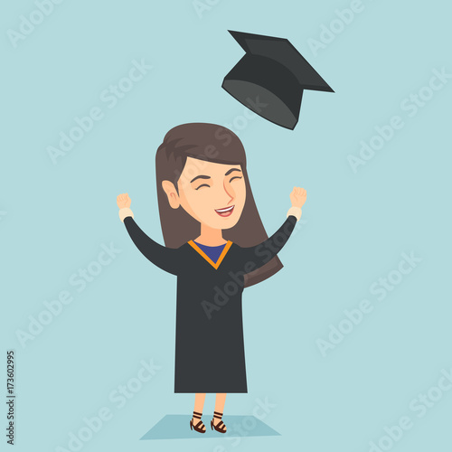 Young caucasian cheerful graduate in graduation cloak throwing up hat. Excited graduate with closed eyes and raised hands celebrating graduation. Vector cartoon illustration. Square layout.