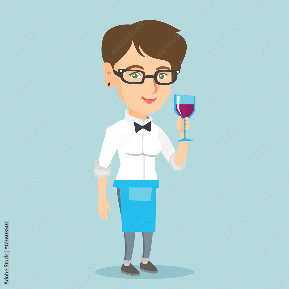Young caucasian waitress holding a glass of red wine in hand. Full length of a waitress with a glass of red wine. Smiling waitress examining wine in a glass. Vector cartoon illustration. Square layout Young caucasian waitress holding a glass of red wine in hand. Full length of a waitress with a glass of red wine. Smiling waitress examining wine in a glass. Vector cartoon illustration. Square layout