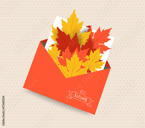 hello autumn card with leaves in envelope