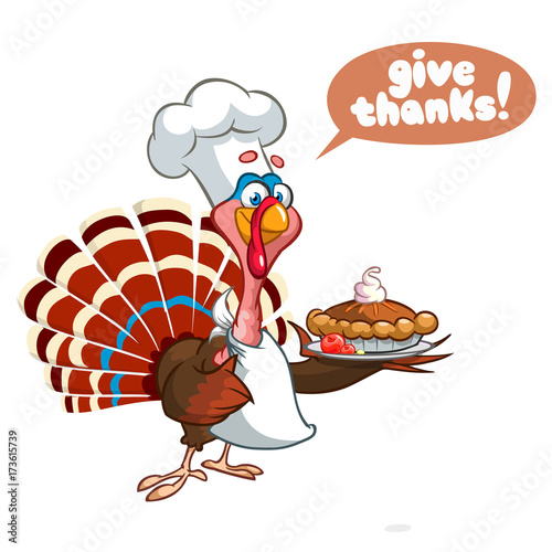 Thanksgiving funny cartoon turkey chief cook serving pumpkin pie. Vector cartoon strokes isolated