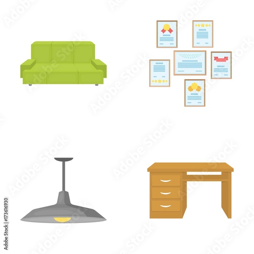 Comfortable sofa, letters and diplomas within the framework, an office ceiling lamp, a desk with drawers. Office Furniture set collection icons in cartoon style vector symbol stock illustration web.
