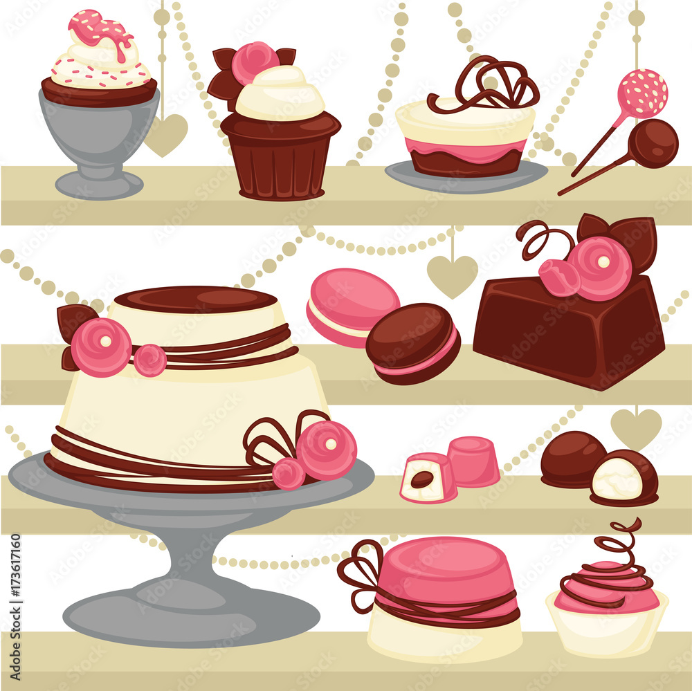 Candy and dessert cake or ice cream cookie vector patisserie menu design