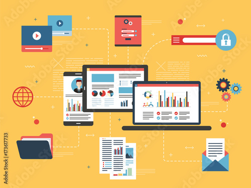 Tablet with performance analysis, laptop and internet screen with data, search icons and project management, application developments. Concept for successful business in flat vector design.