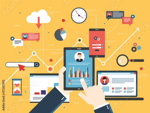 Hand with tablet with performance analysis, laptop and internet screen with data, search icons and project management, application developments. Concept for successful business in flat vector design.