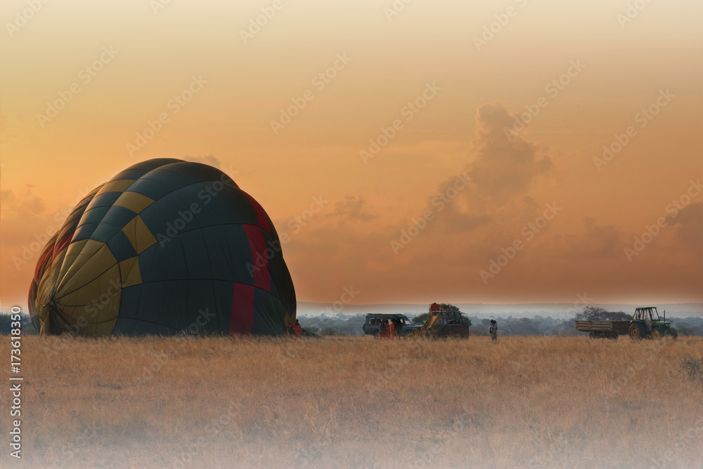 Fototapeta premium Hot air balloon in Tarangire national park,Tanzania.Passengers are waiting for boarding .